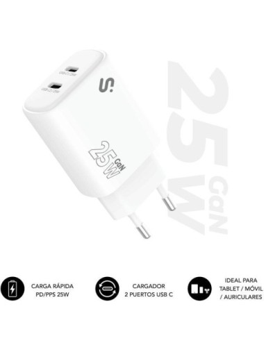 Cargador de Pared GaN Subblim 25W Charger USB C+C/ 2xUSB Tipo-C/ 25W