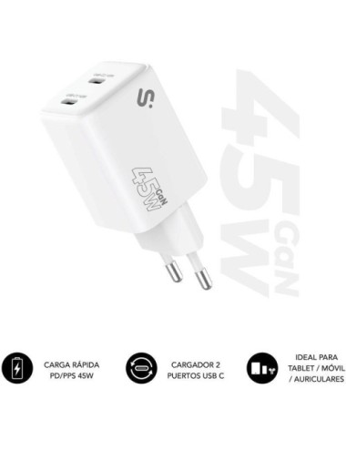Cargador de Pared GaN Subblim 45W Charger USB C+C/ 2xUSB Tipo-C/ 45W