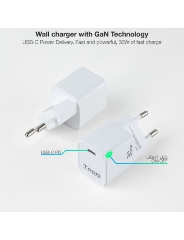 Cargador de Pared GaN TooQ TQWC-GANPD30WT/ 1xUSB Tipo-C/ 30W