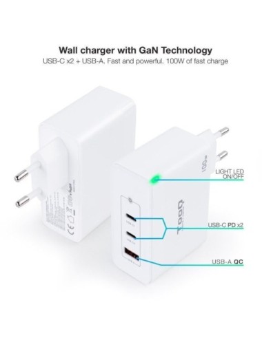 Cargador de Pared GaN TooQ TQWC-GANQC2PD100W/ 2xUSB Tipo-C/ 1xUSB/ 100W