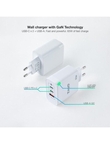 Cargador de Pared GaN TooQ TQWC-GANQC2PD65WT/ 2xUSB Tipo-C/ 1xUSB/ 65W