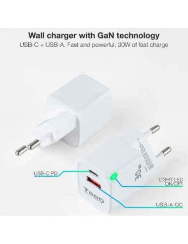Cargador de Pared GaN TooQ TQWC-GANQCPD30WT/ 1xUSB Tipo-C/ 1xUSB/ 30W