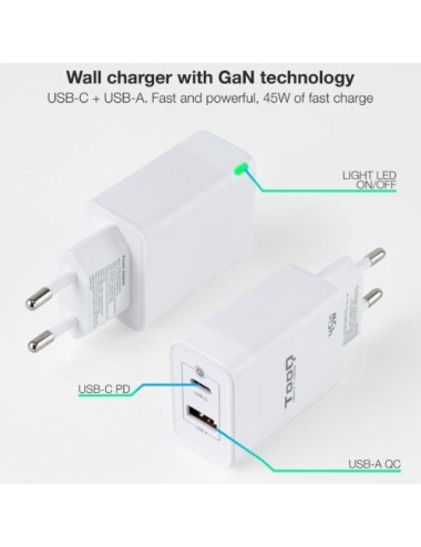 Cargador de Pared GaN TooQ TQWC-GANQCPD45WT/ 1xUSB Tipo-C/ 1xUSB/ 45W