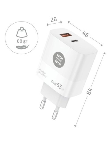 Cargador de Pared GaN Tech One Tech GaN TEC2270/ 1xUSB Tipo-C/ 1xUSB/ 65W/ Blanco