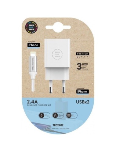 Cargador de Pared Tech One Tech TEC2402/ 2xUSB + Cable Lightning/ 12W/ Blanco