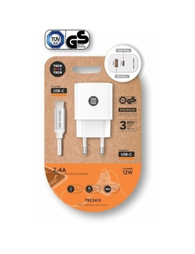 Cargador de Pared Tech One Tech TEC2413/ 1xUSB Tipo-C/ 1xUSB + Cable USB Tipo-C/ 12W/ Blanco