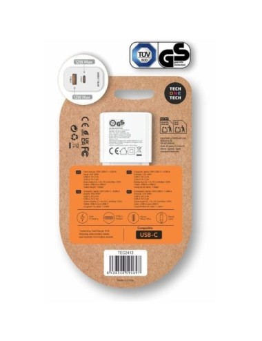 Cargador de Pared Tech One Tech TEC2413/ 1xUSB Tipo-C/ 1xUSB + Cable USB Tipo-C/ 12W/ Blanco