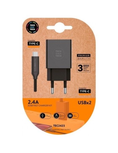 Cargador de Pared Tech One Tech TEC2423/ 2xUSB + Cable USB Tipo-C/ 12W/ Negro