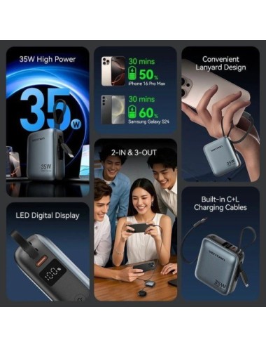 Powerbank 10000mAh Vention FHFN0/ 35W/ Gris/ Incluye Cable USB TIpo-C y Lightning