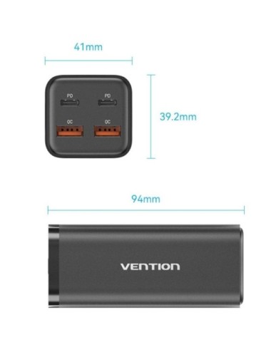 Cargador de Pared Vention FBSBG-EU/ 2xUSB Tipo-C + Cable USB Tipo-C/ 2xUSB/ 100W