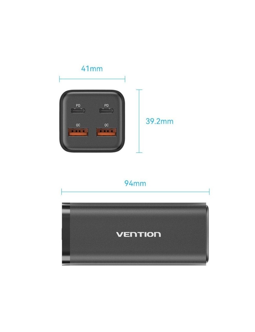 Cargador de Pared Vention FBSBG-EU/ 2xUSB Tipo-C + Cable USB Tipo-C/ 2xUSB/ 100W
