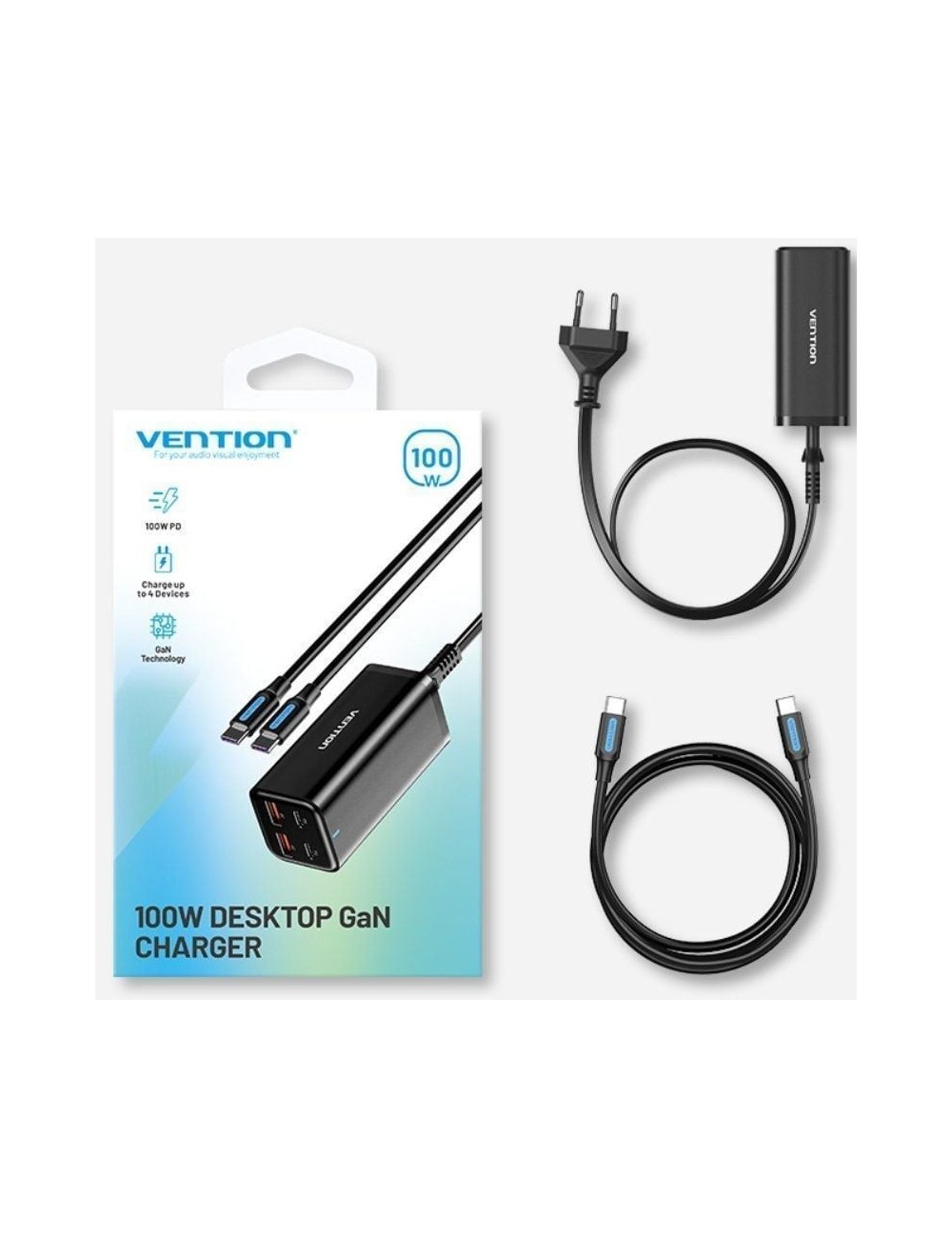 Cargador de Pared Vention FBSBG-EU/ 2xUSB Tipo-C + Cable USB Tipo-C/ 2xUSB/ 100W