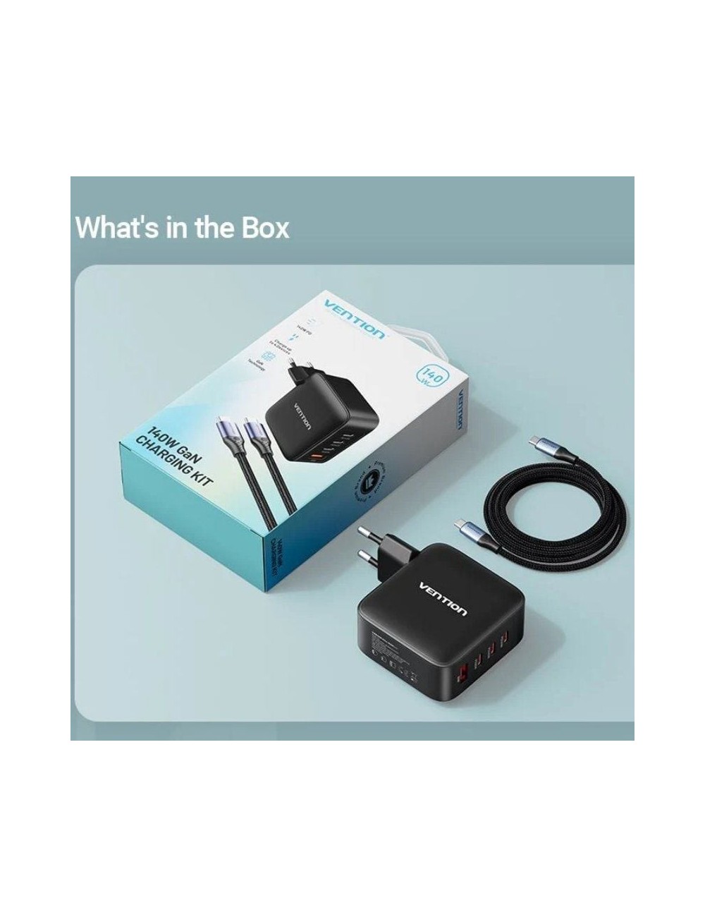 Cargador de Pared GaN Vention FEIB0-EU/ 3xUSB Tipo-C + Cable USB Tipo-C/ 1xUSB/ 140W