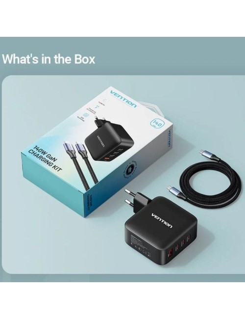 Cargador de Pared GaN Vention FEIB0-EU/ 3xUSB Tipo-C + Cable USB Tipo-C/ 1xUSB/ 140W