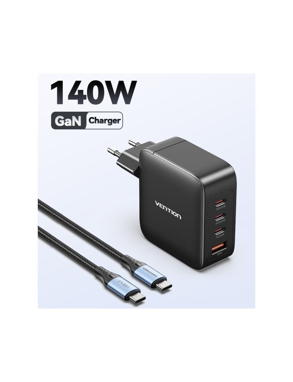 Cargador de Pared GaN Vention FEIB0-EU/ 3xUSB Tipo-C + Cable USB Tipo-C/ 1xUSB/ 140W