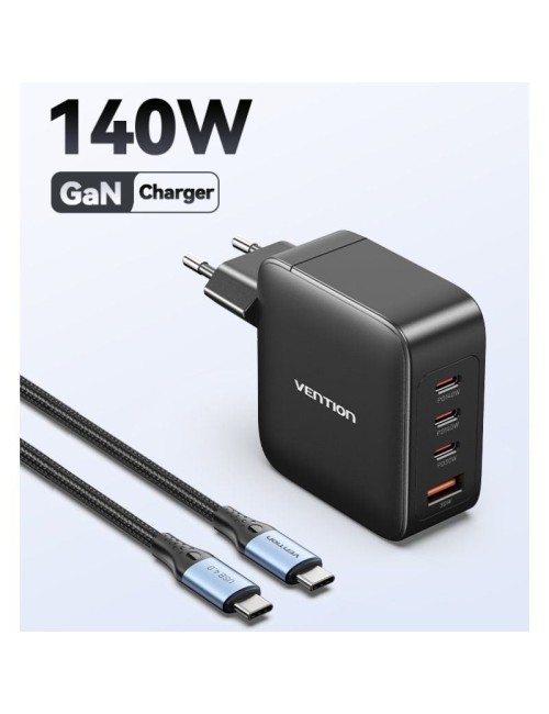 Cargador de Pared GaN Vention FEIB0-EU/ 3xUSB Tipo-C + Cable USB Tipo-C/ 1xUSB/ 140W