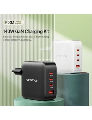 Cargador de Pared GaN Vention FEIW0-EU/ 3xUSB Tipo-C + Cable USB Tipo-C/ 1xUSB/ 140W