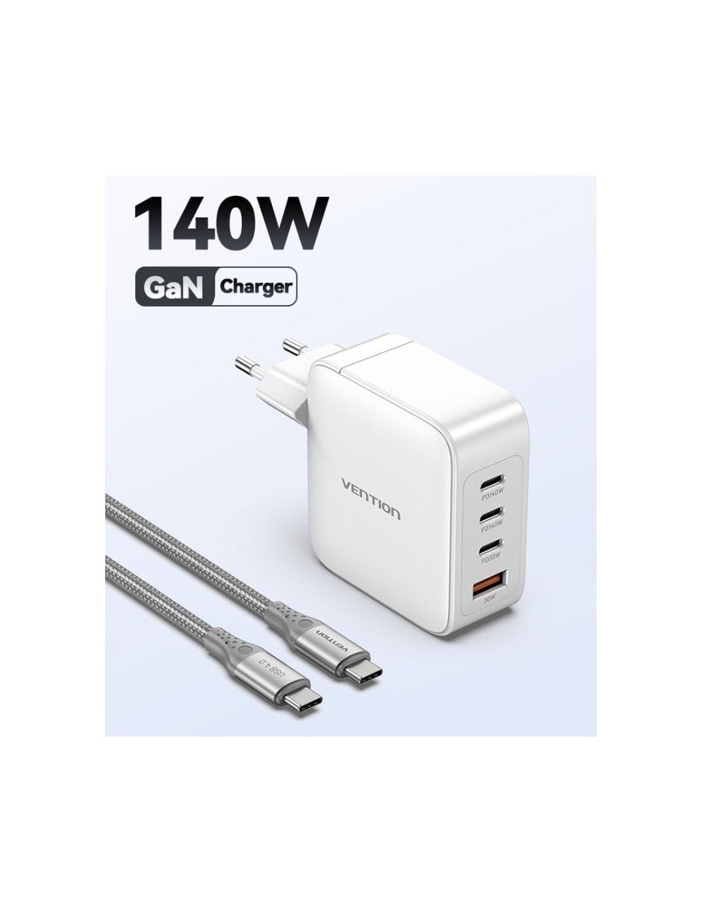 Cargador de Pared GaN Vention FEIW0-EU/ 3xUSB Tipo-C + Cable USB Tipo-C/ 1xUSB/ 140W