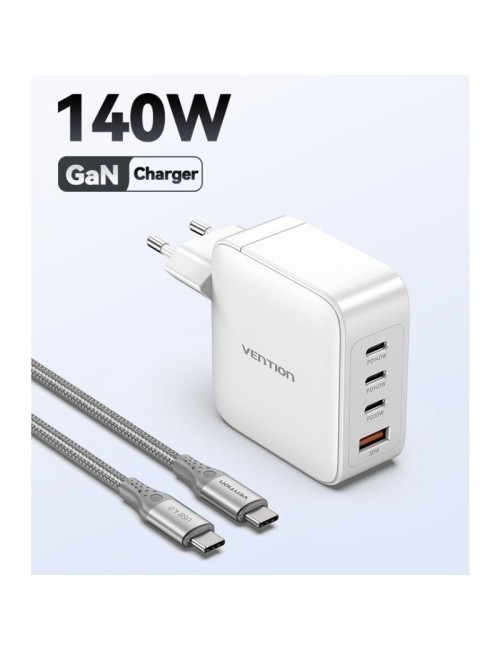 Cargador de Pared GaN Vention FEIW0-EU/ 3xUSB Tipo-C + Cable USB Tipo-C/ 1xUSB/ 140W