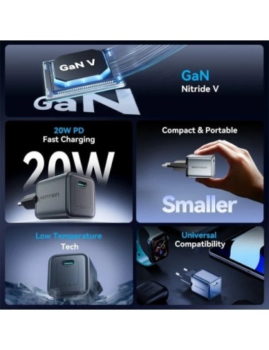 Cargador de Pared GaN Vention FEVH0-EU/ 1xUSB Tipo-C/ 20W