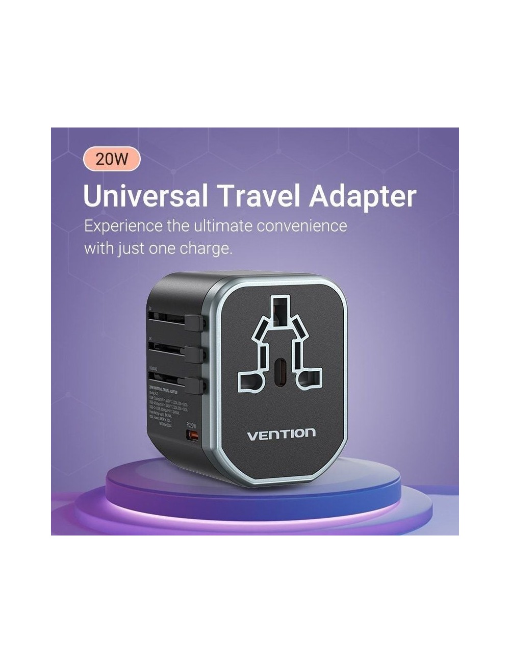 Cargador de Pared Universal para Viaje Vention FJCB0/ Toma de Corriente Universal/ 1xUSB Tipo-C/ 2xUSB/ 20W