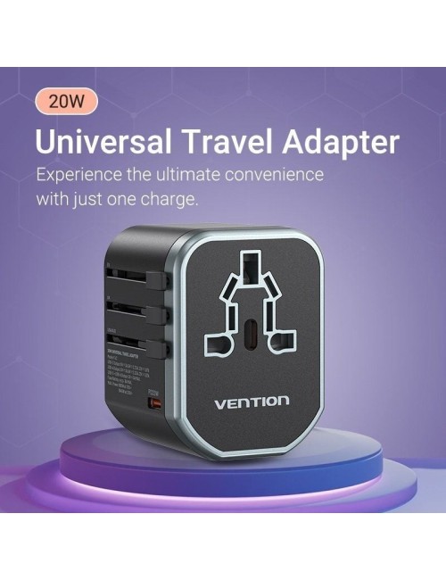 Cargador de Pared Universal para Viaje Vention FJCB0/ Toma de Corriente Universal/ 1xUSB Tipo-C/ 2xUSB/ 20W