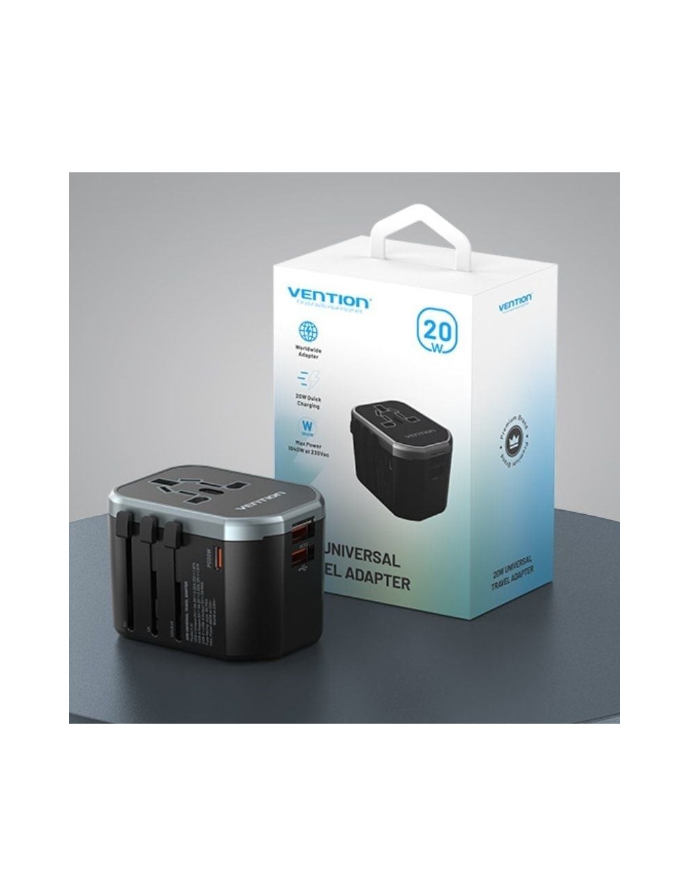 Cargador de Pared Universal para Viaje Vention FJCB0/ Toma de Corriente Universal/ 1xUSB Tipo-C/ 2xUSB/ 20W