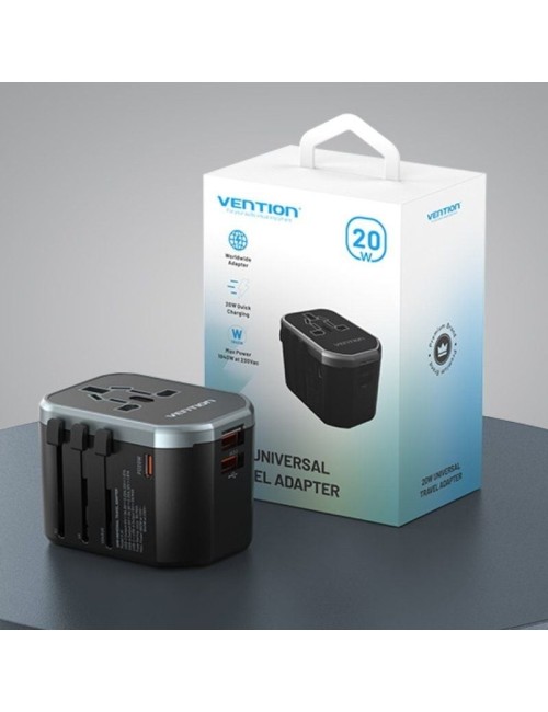 Cargador de Pared Universal para Viaje Vention FJCB0/ Toma de Corriente Universal/ 1xUSB Tipo-C/ 2xUSB/ 20W
