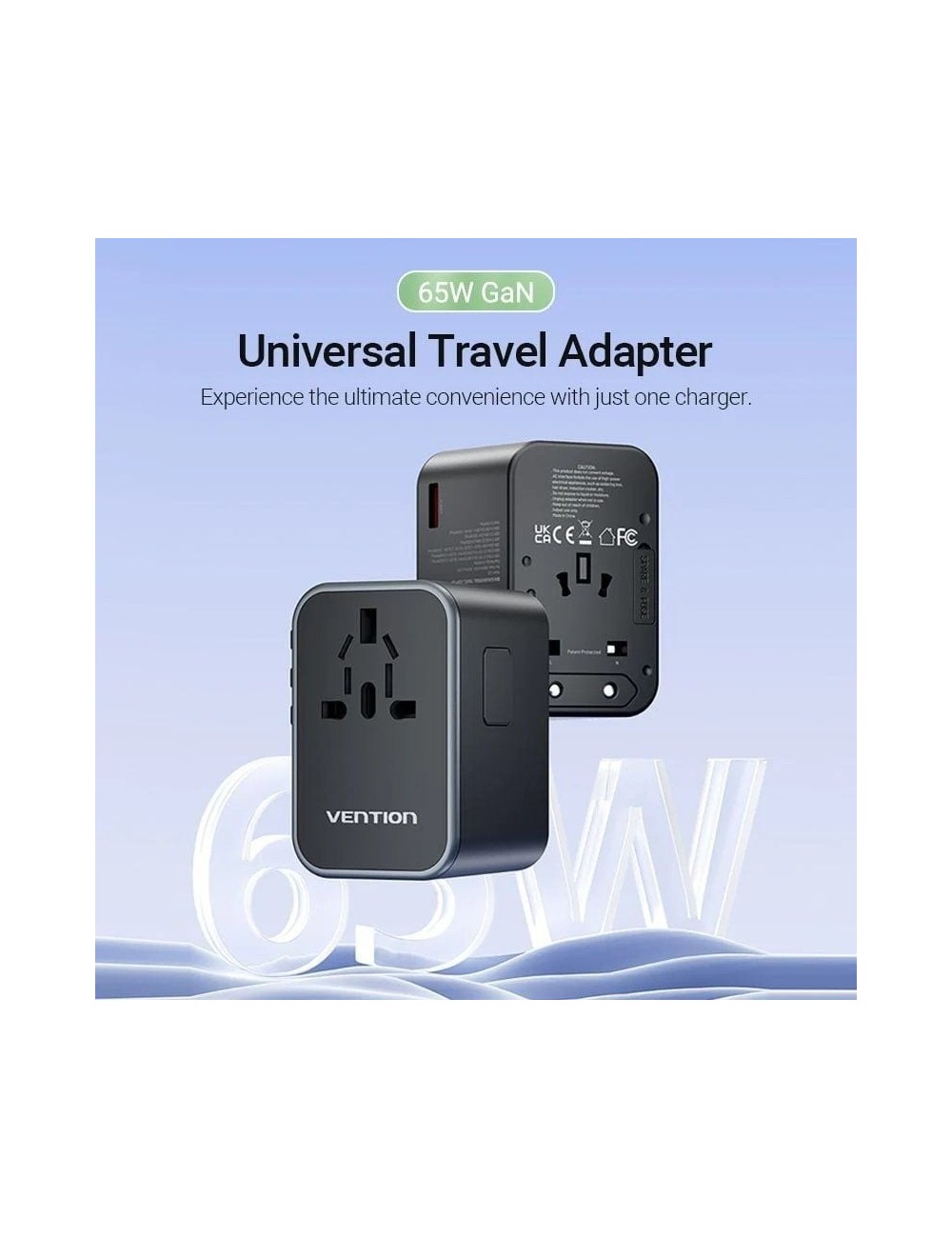 Cargador de Pared Universal Vention FJDB0/ Toma de Corriente Universal/ 2xUSB Tipo-C/ 1xUSB/ 65W