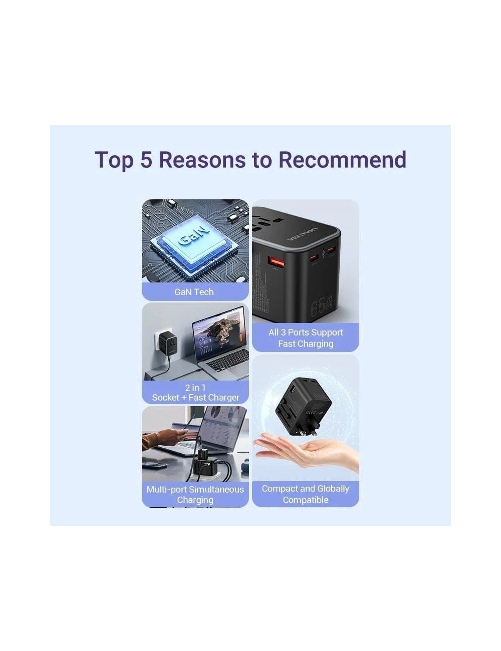 Cargador de Pared Universal Vention FJDB0/ Toma de Corriente Universal/ 2xUSB Tipo-C/ 1xUSB/ 65W