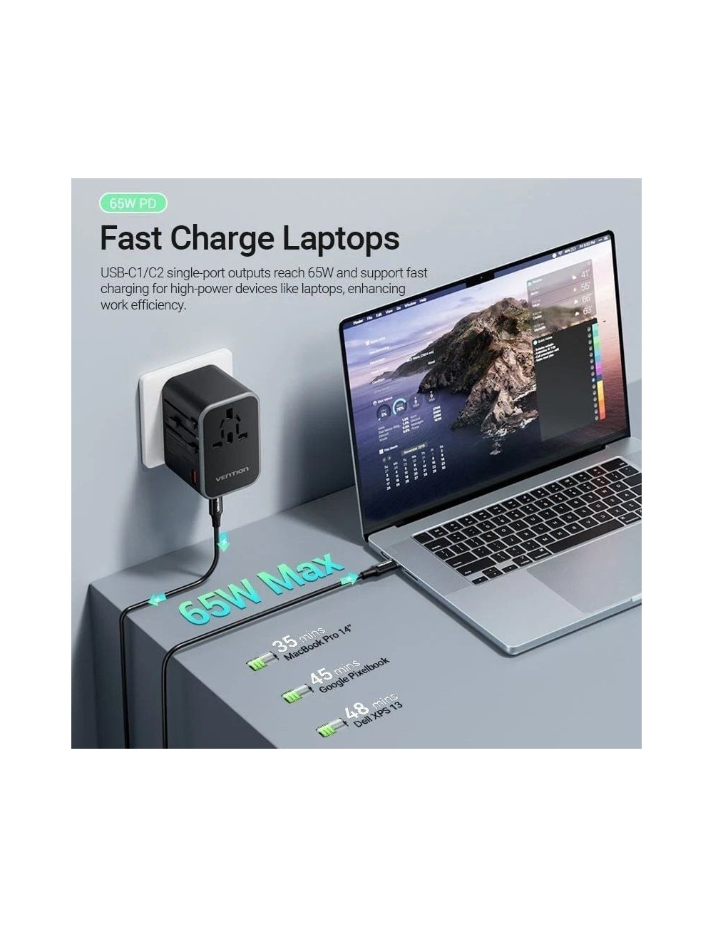 Cargador de Pared Universal Vention FJDB0/ Toma de Corriente Universal/ 2xUSB Tipo-C/ 1xUSB/ 65W