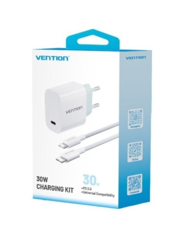 Cargador de Pared Vention G13W0-EU/ 1xUSB Tipo-C + Cable USB Tipo-C/ 1xUSB/ 30W
