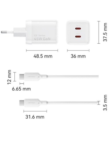 Cargador de Pared GaN Vention TZ-FCFB0-EU/ 2xUSB Tipo-C + Cable USB Tipo-C/ 45W