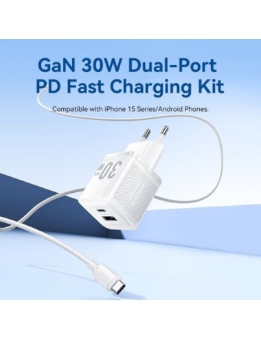 Cargador de Pared GaN Vention TZ-FEQB0-EU-01/ 1xUSB Tipo-C/ 1xUSB + Cable USB Tipo-C/ 30W
