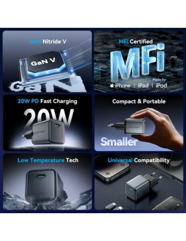 Cargador de Pared GaN Vention TZ-FEVH0-EU/ 1xUSB Tipo-C + Cable Lightning/ 20W