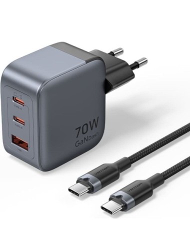 Cargador de Pared GaN Vention TZ-FEXH0-EU/ 2xUSB Tipo-C/ 1xUSB + Cable USB Tipo-C/ 70W