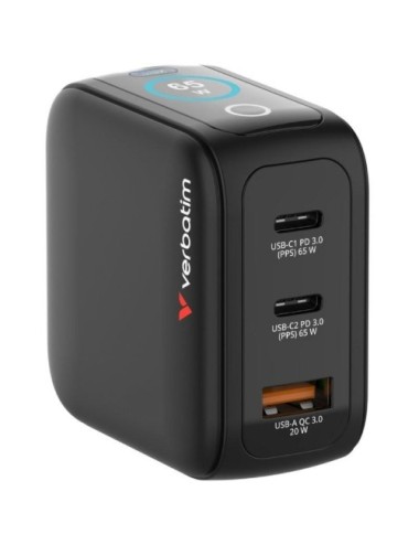 Cargador de Pared Universal GaN para Viaje Verbatim Mini GaN Charger Con Pantalla/ 2xUSB Tipo-C/ 1xUSB/ 65W