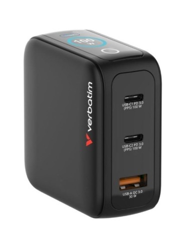 Cargador de Pared Universal GaN para Viaje Verbatim Mini GaN Charger Con Pantalla/ 2xUSB Tipo-C/ 1xUSB/ 100W