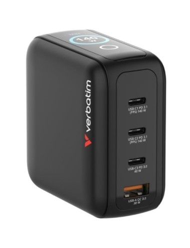 Cargador de Pared Universal GaN para Viaje Verbatim Mini GaN Charger Con Pantalla/ 3xUSB Tipo-C/ 1xUSB/ 140W