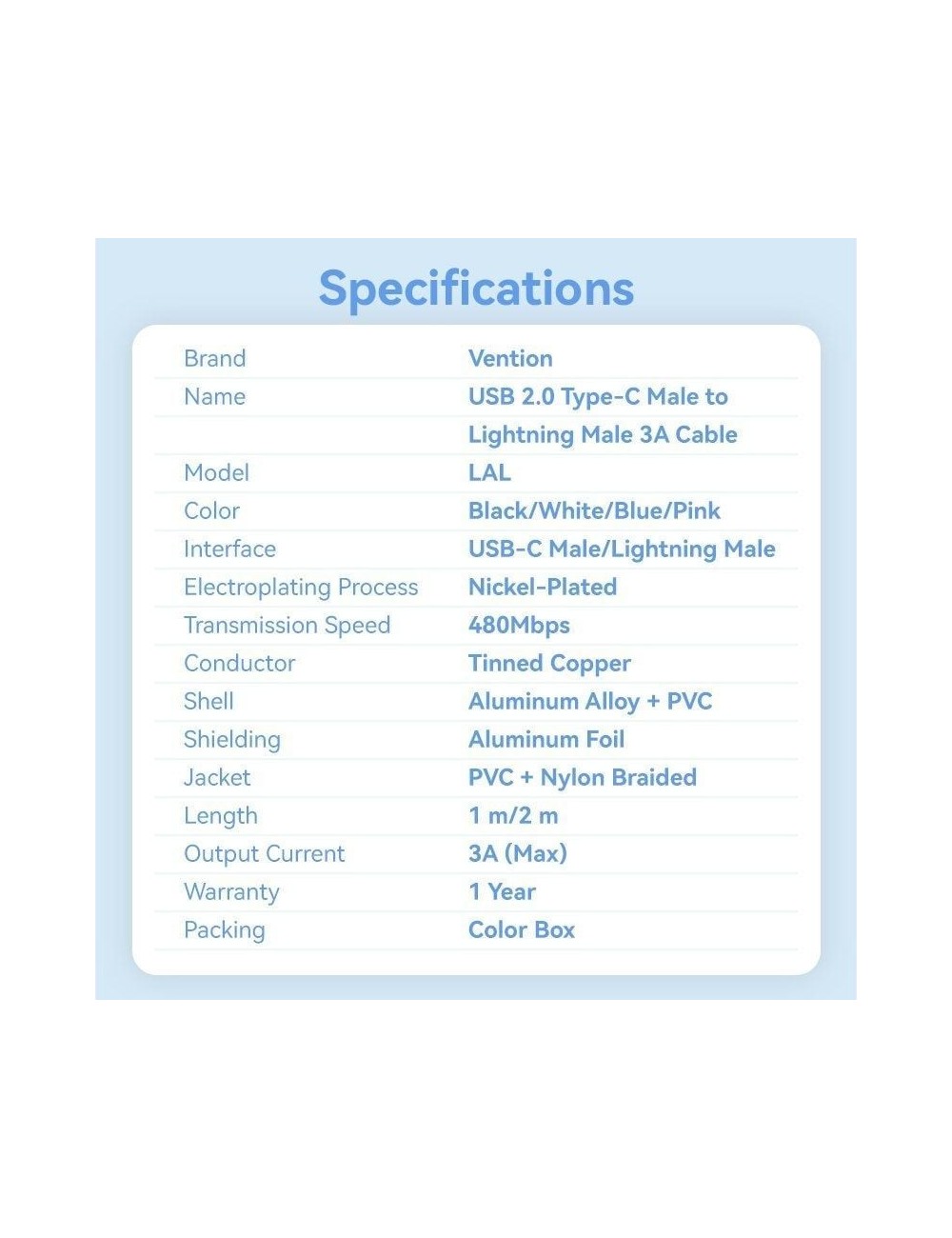 Cable USB Tipo-C Lightning Vention LALSH/ USB Tipo-C Macho - Lightning Macho/ 27W/ 480Mbps/ 2m/ Azul
