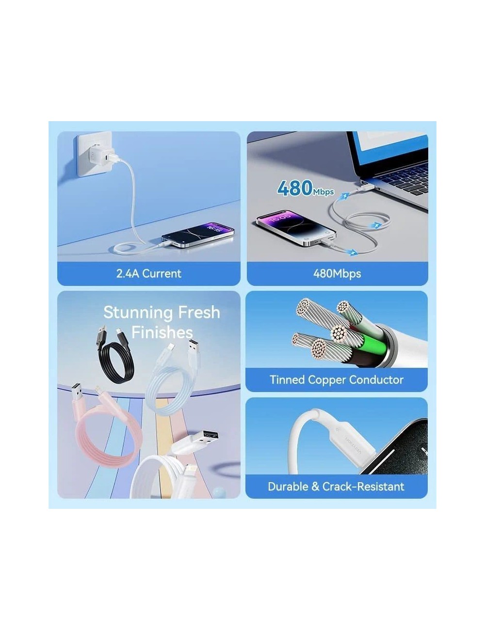 Cable USB 2.0 Lightning Vention LAMWH/ USB Macho - Lightning Macho/ 480Mbps/ 2m/ Blanco