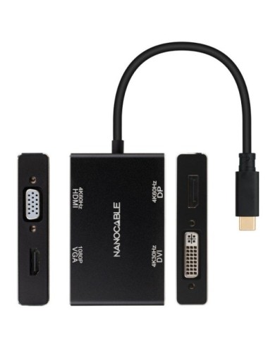 Conversor Nanocable 10.16.4307/ USB Tipo-C Macho - VGA Hembra/ DVI Hembra/ HDMI Hembra/ DisplayPort Hembra/ 10cm/ Negro