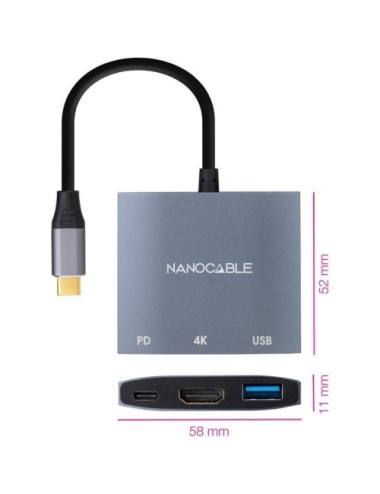 Conversor Nanocable 10.16.4306 USB Tipo-C/ HDMI 4K Hembra - USB Hembra - USB Tipo-C PD/ 15cm/ Gris