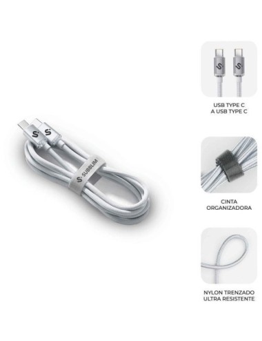 Cable USB 2.0 Tipo-C Subblim Optimus/ USB Tipo-C Macho - USB Tipo-C Macho/ Hasta 60W/ 480Mbps/ 1m/ Blanco