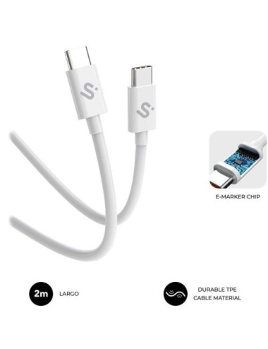 Cable USB 2.0 Tipo-C Subblim Cable Plus/ USB Tipo-C Macho - USB Tipo-C Macho/ Hasta 100W/ 480Mbps/ 2m/ Blanco