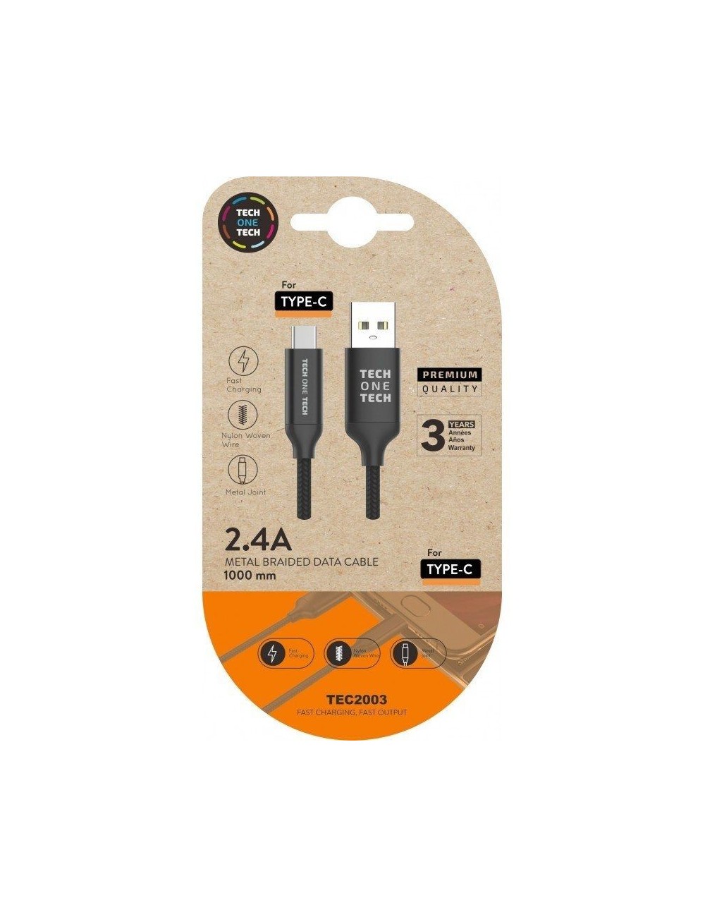 Cable USB 2.0 Tipo-C Tech One Tech TEC2003/ USB Tipo-C Macho - USB Macho/ 480Mbps/ 1m/ Negro