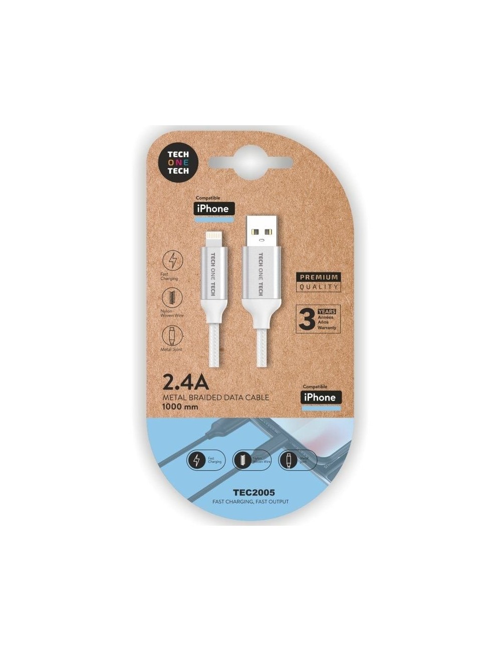 Cable USB 2.0 Tech One Tech TEC2005/ USB Macho - Lightning Macho/ 1m/ Blanco