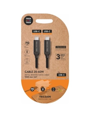 Cable USB 2.0 Tipo-C Tech One Tech TEC2206/ USB Tipo-C Macho - USB Tipo-C Macho/ Hasta 60W/ 480Mbps/ 1m/ Negro