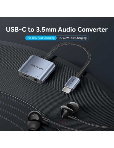 Adaptador Audio Vention BIGHA/ USB Tipo-C Macho - Jack 3.5 Hembra/ USB Tipo-C PD Hembra/ Gris