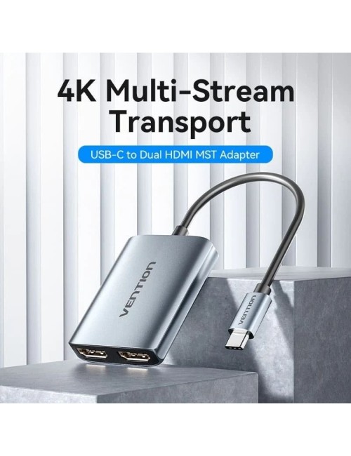 Cable Conversor Vention ACZHB/ USB Tipo-C Macho - 2x HDMI Macho/ Gris